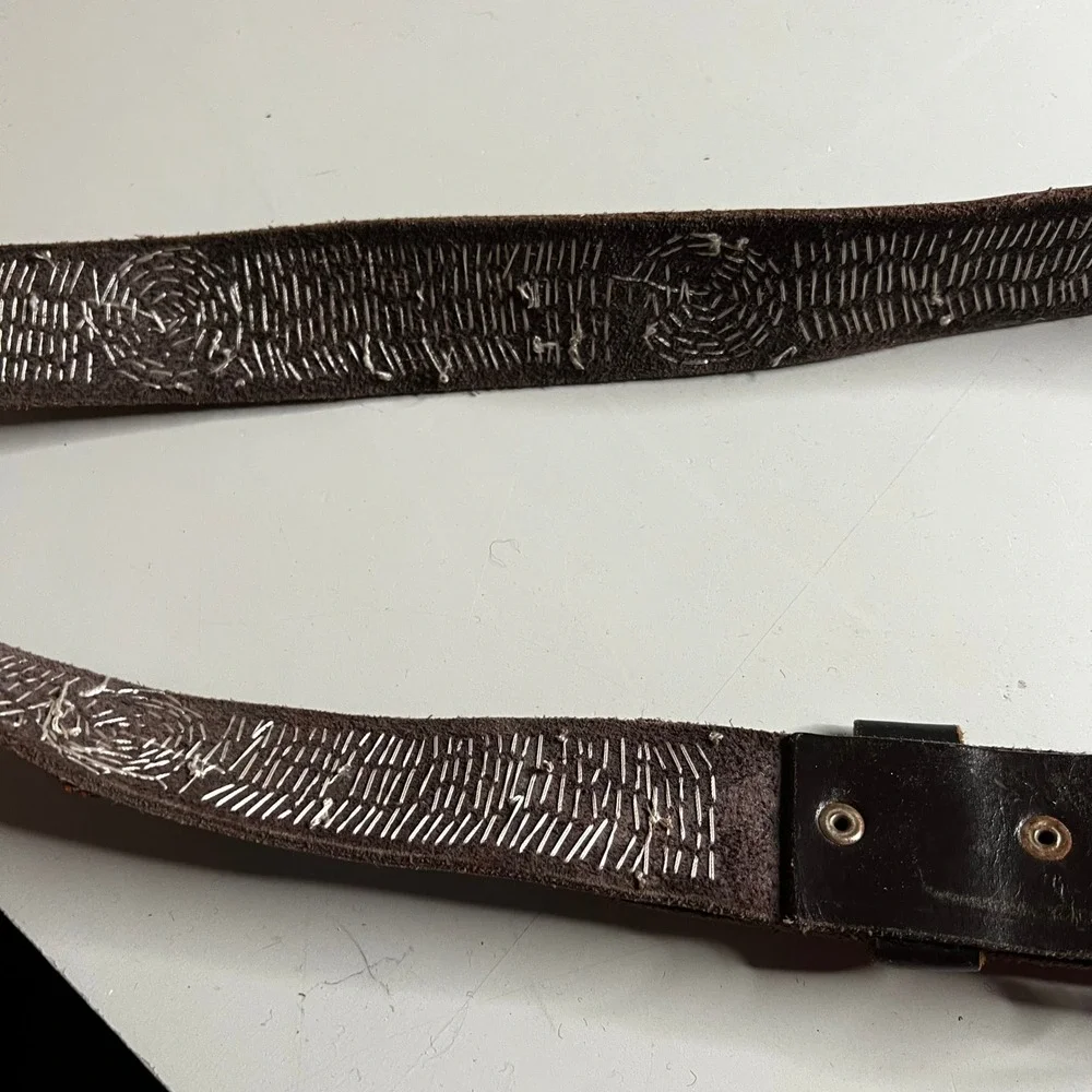 Vintage Southwestern Beaded Leather Belt Brown Geometric Native Style 33-37 Inch